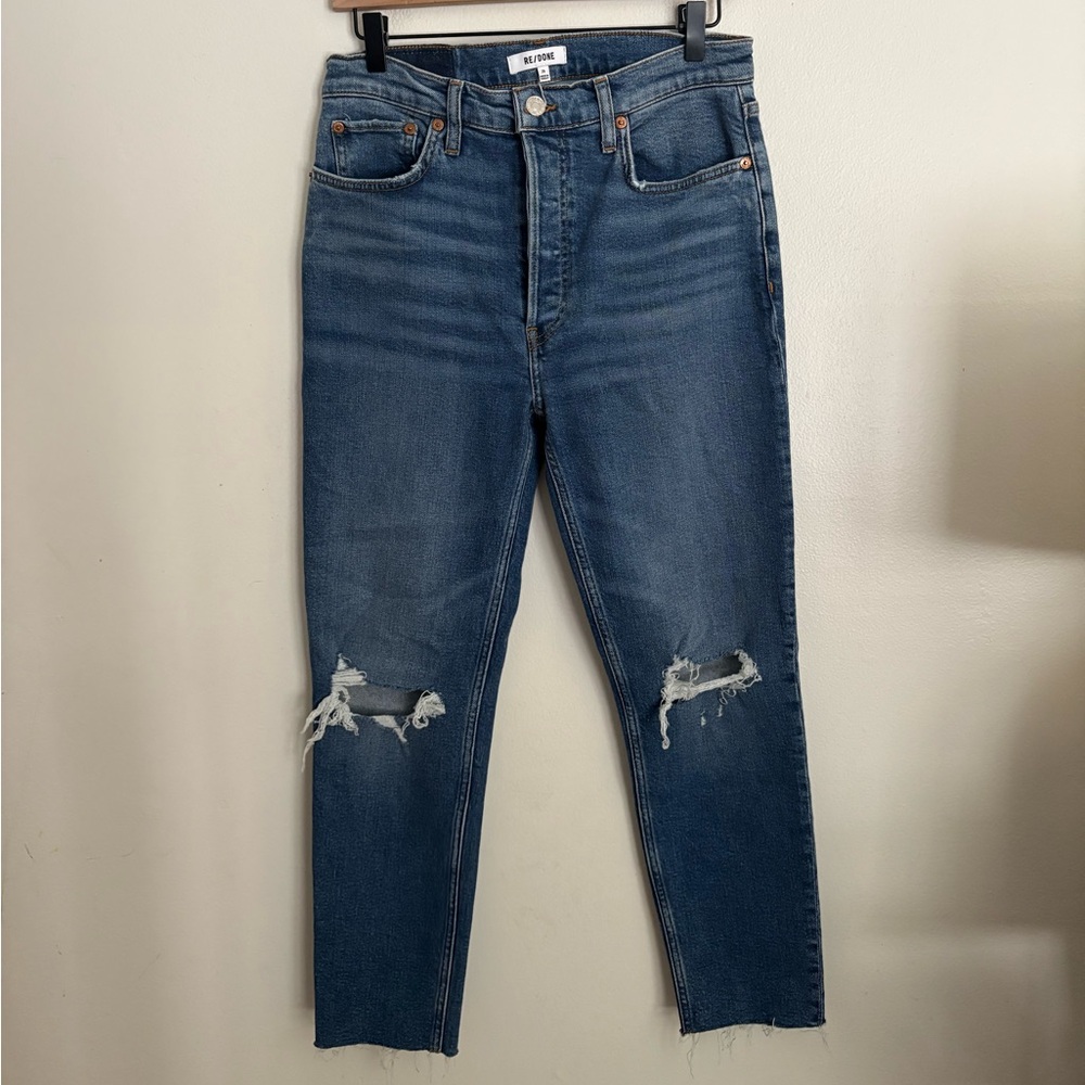Re/Done Anthropologie 90s High Rise Button Fly Blue Distressed Crop Jeans sz 29